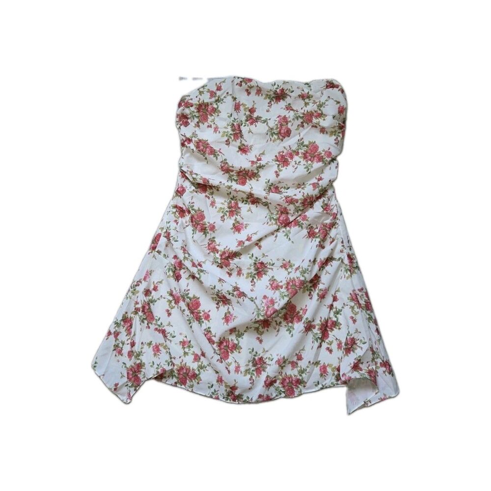 NWT Marthea Strapless Floral Mini Dress Pink Rose Print Handkerchief Hem M